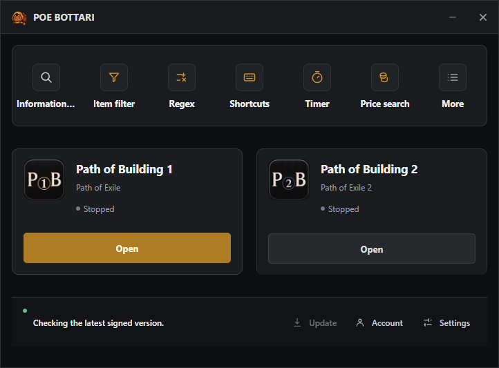 POE BOTTARI desktop app start screen