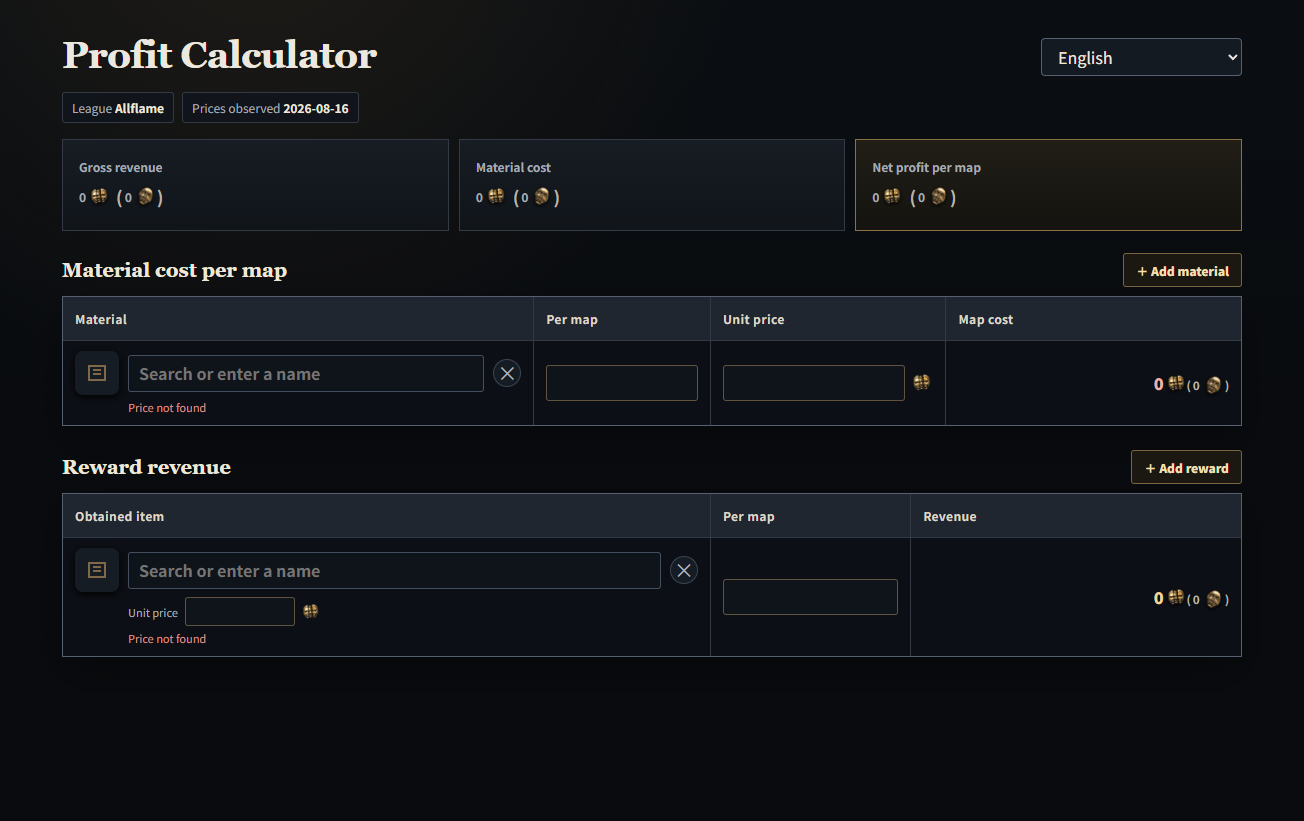 Profit Calculator window with map supply cost and reward revenue fields