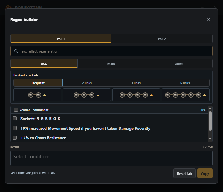 Built-in regex builder with POE1 and POE2 tabs, link search, and selectable options