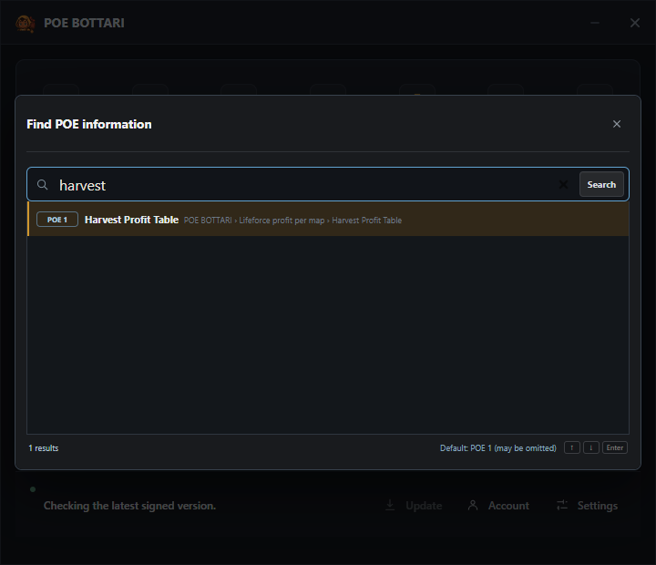 Information Search showing reviewed POE1 external destinations, including official trade and community sites