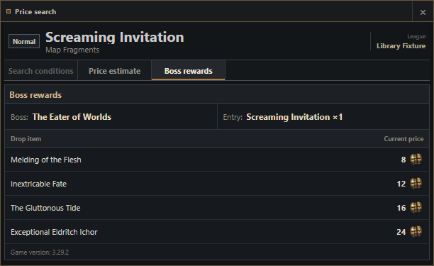 English Price search Boss rewards tab with rendered reward rows