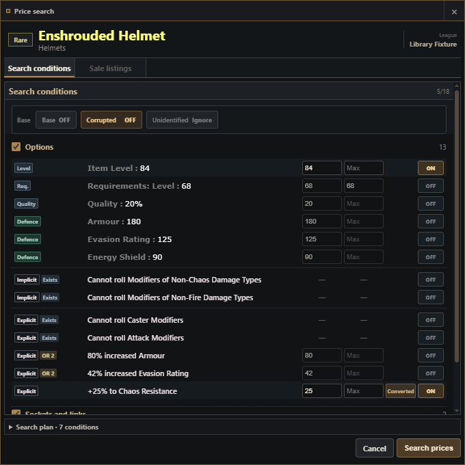 English Price search conditions with selected options, values, and enabled states