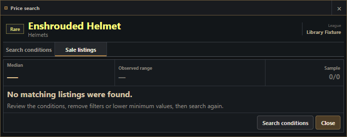 English Price search result showing no matching sale listings